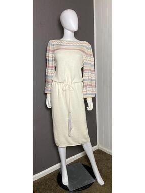 1970's Cream x Desert Pastels Knit Dress Oscar De La Renta Balloon Sleeve Tassel